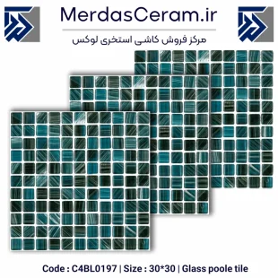 C4BL0197 - کاشی شیشه ایی برشی استخری روکارنو - کاشی استخری توری دار مناسب برای استخر های گرد و دور استخر - کاشی میکس سبز و مشکی لوکس