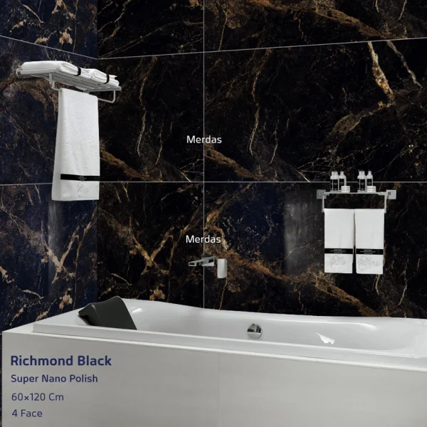 سرامیک دیواری مشکی نانو پولیش با رگه های طلایی سرامیک لوکس و لاکچری بین کابینت و دیوار