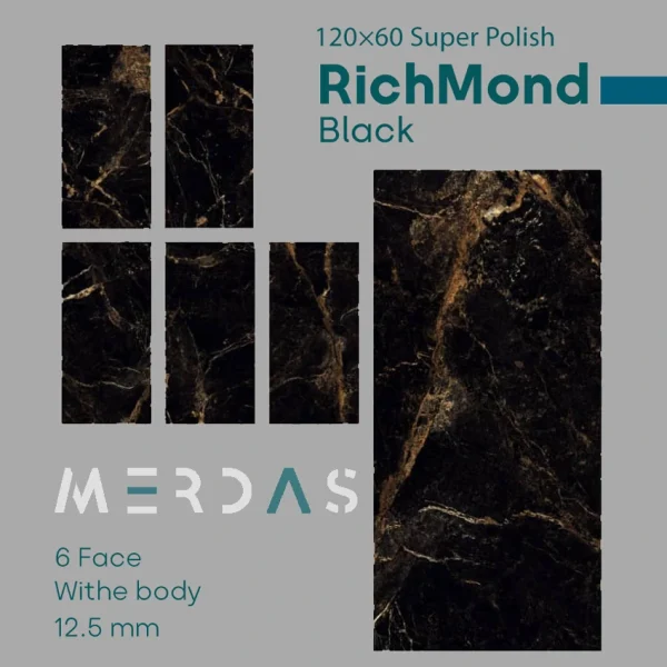 Richmond Black - ریچموند سرامیک طرح سنگ مشکی طلایی 60*120 - سرامیک طرح سنگ با خطوط طلایی برای بین کابینت و دیوار