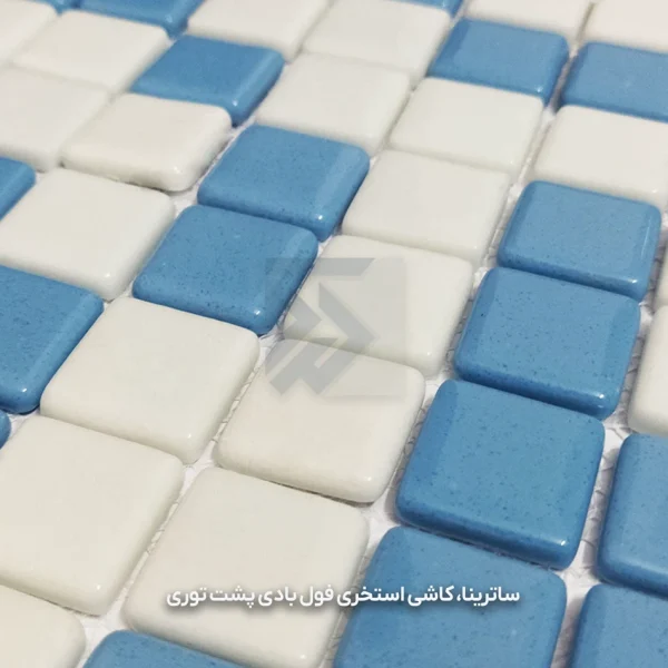 عکس زنده، ساترینا - کاشی استخری مکیس سفید و آبی فول بادی پشت توری